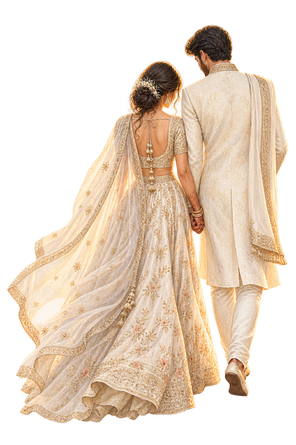 Bride and groom walking hand in hand
