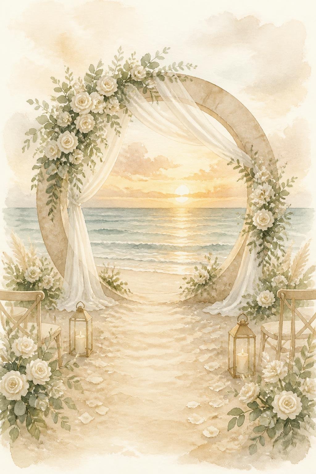 Watercolor beach wedding arch at sunset