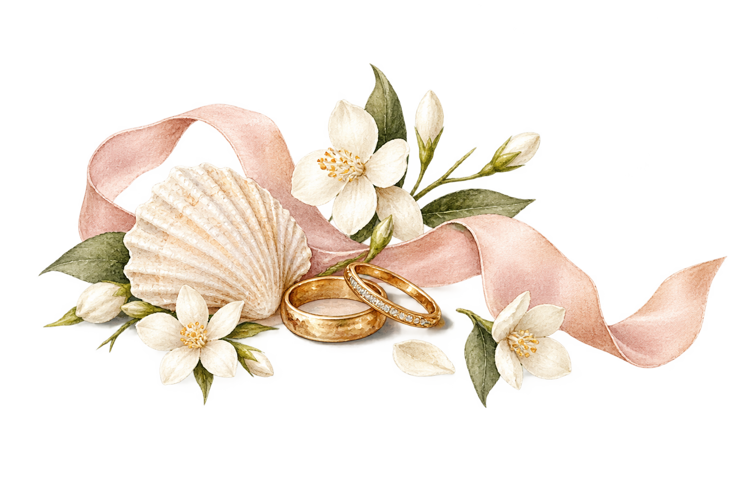 Watercolor wedding rings, jasmine and a seashell